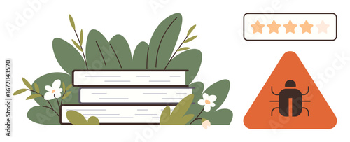 Stack of books surrounded by leaves and flowers balanced with an orange warning sign showcasing a bug and a 4-star rating bar. Ideal for education, quality, caution, nature, evaluation, awareness