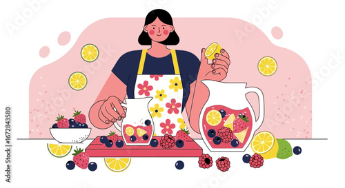 Homemade Refreshing Beverage Illustration: A Woman Preparing Fruity Lemonade with Berries and Citrus