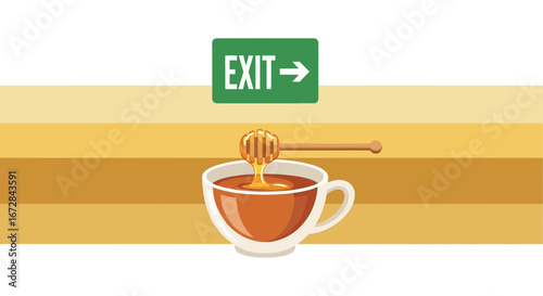 Honey Dipped For Cup Of Tea, Exit Symbol Above, Vector Illustration For Health and Wellness