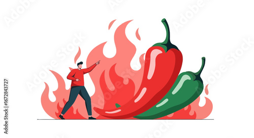 Hot Peppers And Cartoonish Person In Front Of Flame With Green And Red Chilies