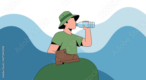 Hydration And Relaxation: A Person Enjoying Water Outdoors After a Hike on Green Hills