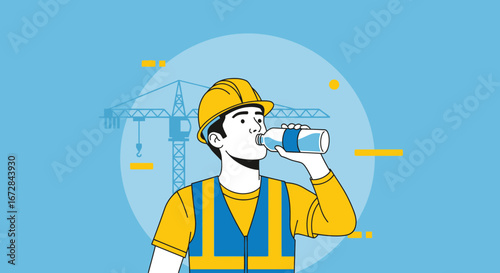 Hydration And Safety: Construction Worker Taking A Water Break On The Job Site
