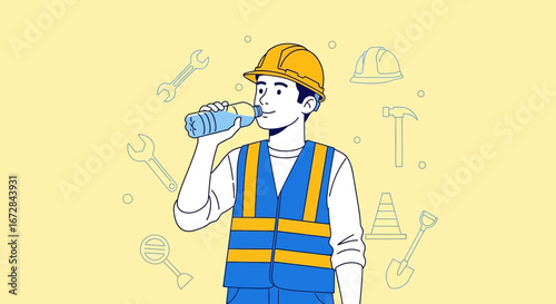 Hydration And Rest Concept For Construction Worker With Tools Around A Yellow Backdrop