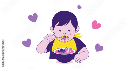 Joyful Child Eating Berries With Love Symbols Adorning, Illustrative Imagery