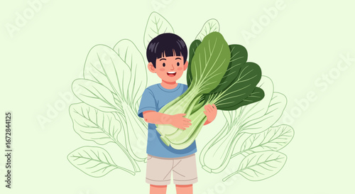Joyful Child Embracing a Large, Fresh Bok Choy Vegetable Harvest in Illustration