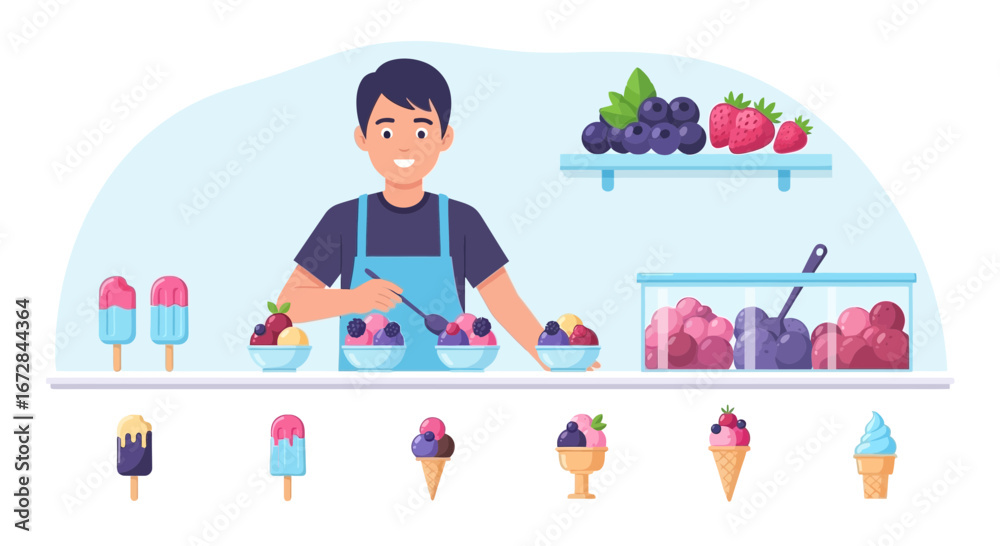 Obraz premium Ice Cream Vendor Offering Tempting Frozen Desserts, Delicious Treats And Fresh Fruits
