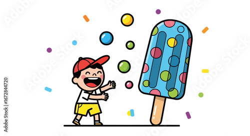 Joyful Child Excitedly Reaching Out to Giant Cartoonish Colorful Ice Cream Delight