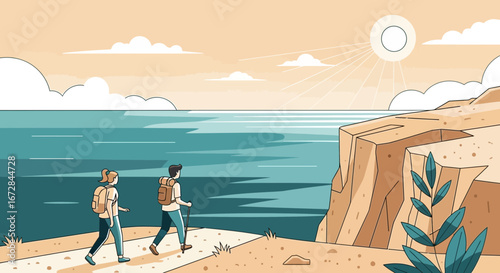 Illustrated Hiking Couple Enjoying Scenic Coastal View In Peaceful Natural Environment
