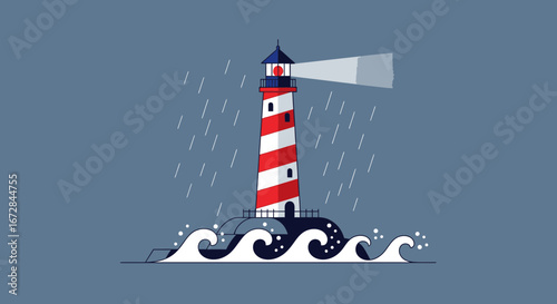 Illustrated Lighthouse Amidst a Stormy Sea Illuminated by the Guiding Light