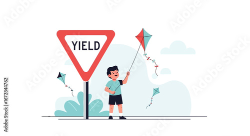 Joyful Child Flying Kites Near Yield Road Sign During Sunny Weather Conditions