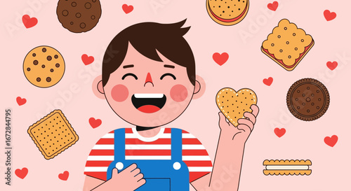 Joyful Child Holding a Heart Shaped Cookie Surrounded by Biscuit and Heart Symbols