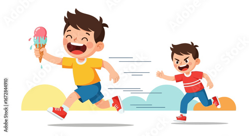 Joyful Child Holding Ice Cream Runs While Friend Chases Playful Summer Illustration