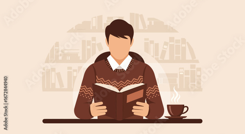 Illustrated Reader Enjoying Beverage and Book in Comfortable Indoor Setting