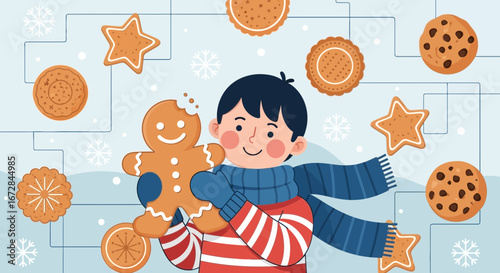 Joyful Child Holding Sweet Gingerbread Man With Holiday-Themed Cookies Around Him