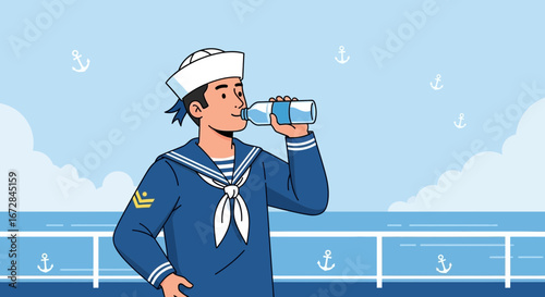 Illustration Of A Hydrated Sailor Drinking Water, Staying Refreshed At Sea, Vector Art