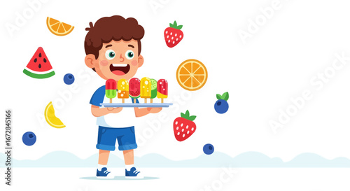 Joyful Child Offering Assorted Fruit Popsicles And Fresh Fruit Garnishes in Summer