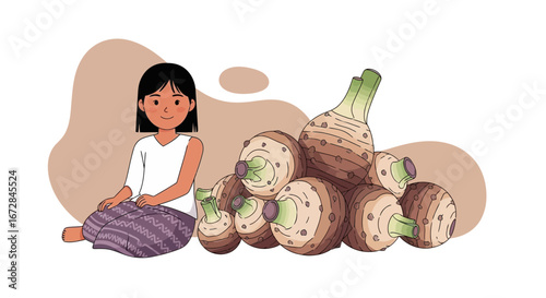 Illustration Of A Young Girl With Fresh Taro Roots Next To Her With Earth Tones