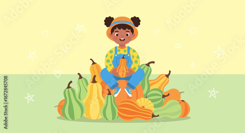 Joyful Child Sitting Among Pumpkins, Celebrating Autumn Harvest Season