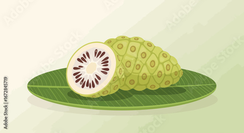 Illustration Of Fresh Cut Noni Fruit On A Leaf, Depicting Tropical Organic Produce