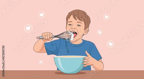 Joyful Child Tasting Batter While Baking and Whisking in the Kitchen