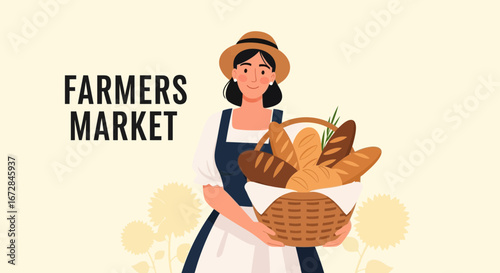 Illustration Of Woman Carrying Bread Basket At Farmers Market Selling Fresh Goods.