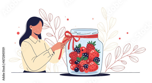 Illustration Of Woman Preparing A Jar Of Assorted Berries For Preservation And Enjoyment