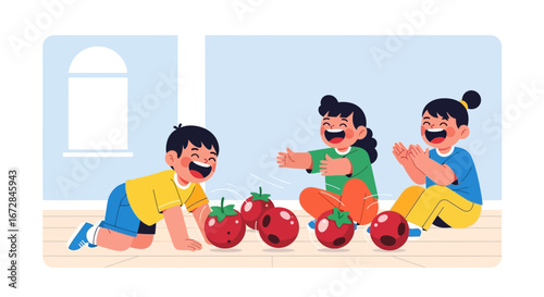 Joyful Children Playfully Interact with Red Toy Fruits In A Room  Having Fun
