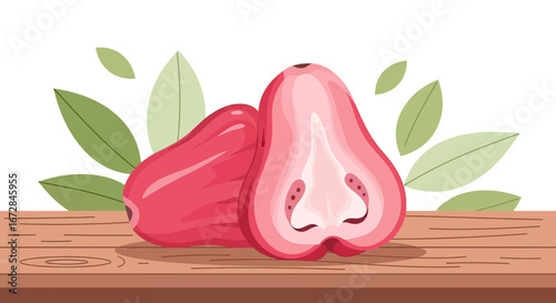 Illustrative Art Featuring Freshly Cut Rose Apple Fruit, Creative Food Concept