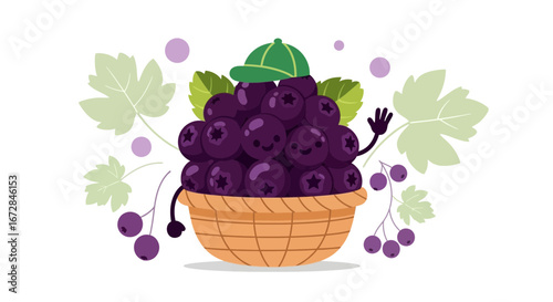 Illustrative Basket Of Funny Grapes With a Green Cap And Greenery Elements