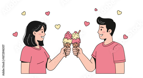 Joyful Couple Sharing Ice Cream Cones Representing Love and Sweet Moments Together