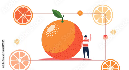 Illustrative Concept Depicting a Huge Juicy Orange Fruit with Human Interaction