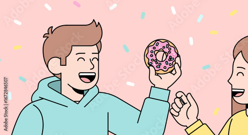 Joyful Expressions Of People Sharing Delicious Donut Together Amidst Playful Sprinkles