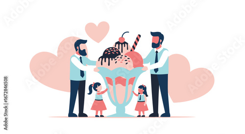 Joyful Family Celebrates With Exquisite Ice Cream Sundae Amidst Soft Pink Hearts