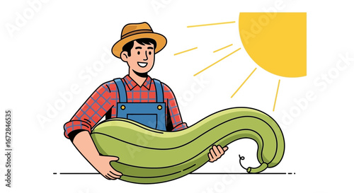 Joyful Farmer Carrying Giant Squash Under The Sun, Ready The Harvest Season.
