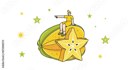 Joyful Figure Enjoying A Ride On Giant Star Fruit, Pointing With Direction, Vector Art