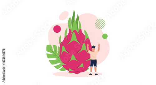 Joyful Figure Celebrating Harvest Next To Large, Lush Dragon Fruit, Tropical Theme