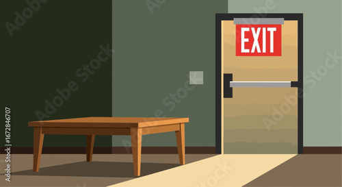Illustrative Depiction Of Emergency Doorway In The Interior Of A Place With A Table Beside It