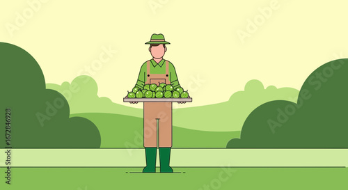 Illustrative Farmer Delivering Fresh Produce From The Orchard In Minimalist Style