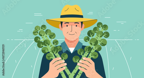 Illustrative Farmer Holding Harvested Brussels Sprouts With A Cheerful Expression