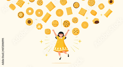 Joyful Girl Celebrating Cookies, Sunshine, and Sweet Treats in Delightful Illustration