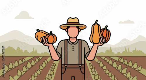 Illustrative Portrait Of A Farmer Proudly Displaying Harvested Pumpkins In His Field