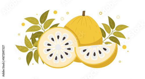 Illustrative Presentation Of Tropical Soursop Fruit With Leaves And Minimal Composition