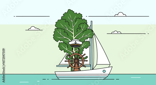 Illustrative Sailing Adventure: Conceptual Design of a Botanical Vessel Amidst the Waves