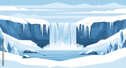 Illustrative Scene: Cold Water Cascading Down Mountain Cliffs With Icicles Adorning Landscape