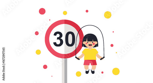 Joyful Girl Playing With A Jump Rope Near A Speed Limit Sign, In A Graphic Style