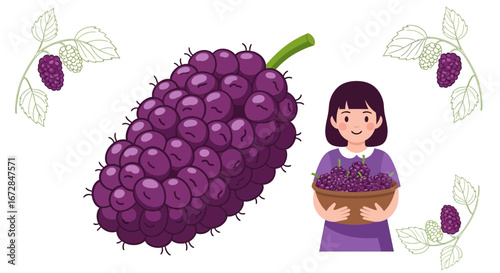 Joyful Girl Presenting a Rich Harvest of Fresh, Ripe, Purple Mulberries