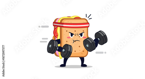 Illustrative Sandwich Character Lifting Weights Depicting Healthy Food And Workout Routine