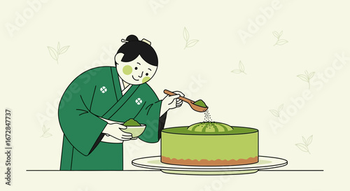 Japanese Chef Presenting Matcha Cake With Traditional Attire and Culinary Artistry