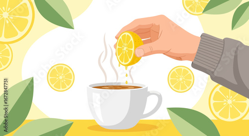 Infusion Of Lemon Juice Into Cup Of Hot Tea, Healthy Refreshing Beverage Illustration