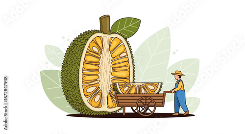 Jackfruit Harvest: A Farmer Transports Sliced Fruit, Vector Illustration Art, Farming Concept